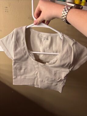 Aria Cream Ribbed Scoop Crop Top with Lace Trim